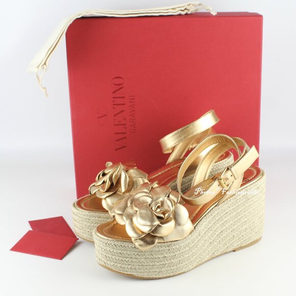 NEW Valentino Garavani Atelier 03 Rose Metallic Leather Espadrilles Sandals - Picture 2 of 16